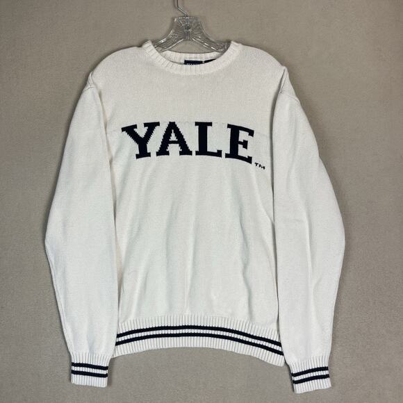 YALE Sweater Mens M White Knit Long Sleeve Crew Neck Yale University Logo - Picture 1 of 12